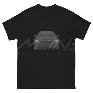 M Sedan Cartoon Tee in black – flat product shot showing front artwork design