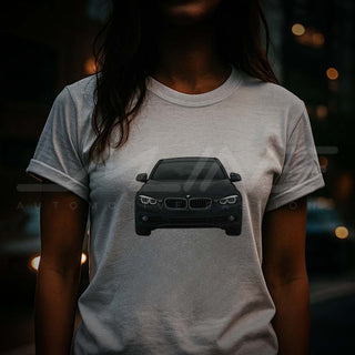 Female model wearing M Sedan Cartoon Tee during urban street cruise – motion-blurred cars in background