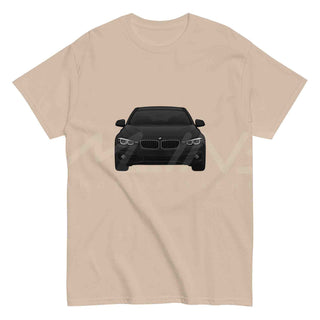 Flat lay of M Sedan Cartoon Tee in tan – car enthusiast graphic T-shirt from TuneArt Collection