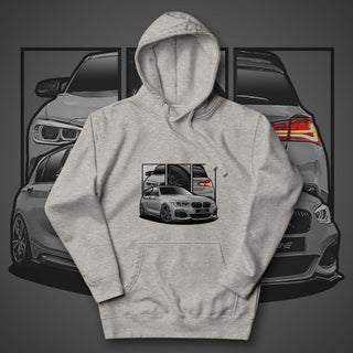 Hot Hatch Legends light grey hoodie featuring custom car artwork inspired by the BMW M140i