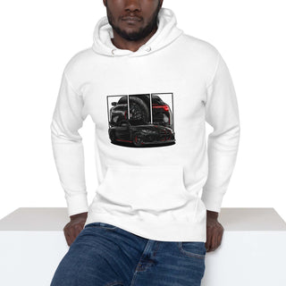 Male model wearing M Sport Coupe white hoodie with detailed car graphics inspired by the BMW M4 CSL G82