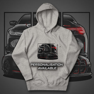 M Sport Coupe light grey hoodie featuring custom car artwork inspired by the BMW M4 CSL G82