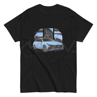 Performance Sedan Legends black t-shirt featuring custom car artwork inspired by the Hyundai Elantra N