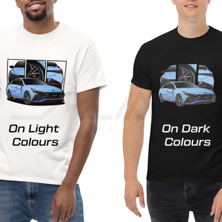 Performance Sedan Legends comparison showing two male models wearing a white t-shirt and black t-shirt featuring custom car artwork inspired by the Hyundai Elantra N