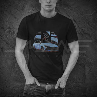 Male model wearing Performance Sedan Legends black t-shirt with detailed car graphics inspired by the Hyundai Elantra N