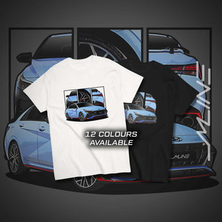 Two Performance Sedan Legends white and black t-shirts featuring custom car artwork inspired by the Hyundai Elantra N