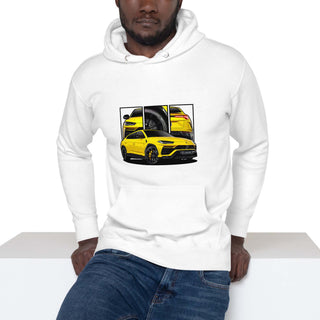 Male model wearing Performance SUV Legends white hoodie with detailed car graphics inspired by the Lamborghini Urus