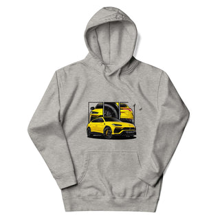 Performance SUV Legends light grey hoodie featuring custom car artwork inspired by the Lamborghini Urus