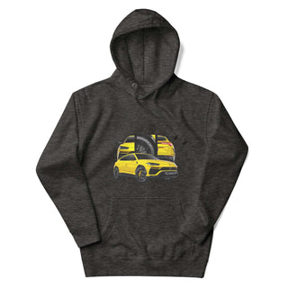 Performance SUV Legends dark grey heather hoodie featuring custom car artwork inspired by the Lamborghini Urus