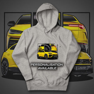 Performance SUV Legends light grey hoodie featuring custom car artwork inspired by the Lamborghini Urus