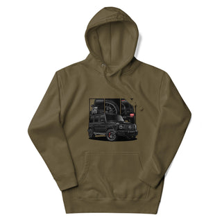 Luxury SUV Legends olive hoodie featuring custom car artwork inspired by the Mercedes G Wagon G63 AMG