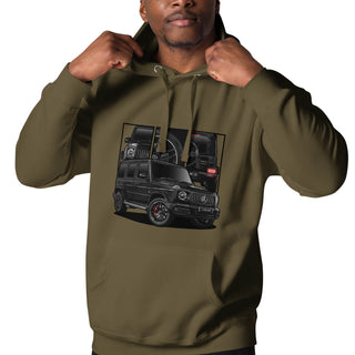 Male model wearing Luxury SUV Legends olive hoodie with detailed car graphics inspired by the Mercedes G Wagon G63 AMG