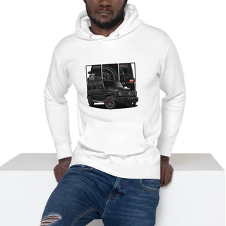 Male model wearing Luxury SUV Legends white hoodie with detailed car graphics inspired by the Mercedes G Wagon G63 AMG