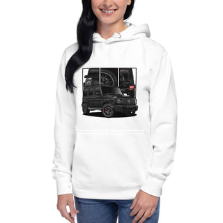 Female model wearing Luxury SUV Legends white hoodie with detailed car graphics inspired by the Mercedes G Wagon G63 AMG