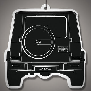 Rear view silhouette air freshener – G63 AMG style SUV design – black and white studio mockup