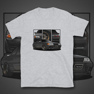 JDM Legends light grey t-shirt featuring custom car artwork inspired by the Nissan GTR R32