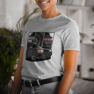 Female model wearing JDM Legends light grey t-shirt with detailed car graphics inspired by the NIssan GTR R32