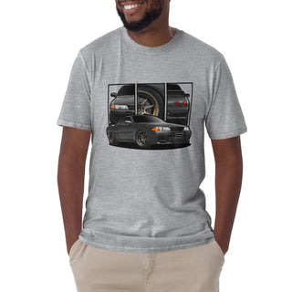 Male model wearing JDM Legends light grey t-shirt with detailed car graphics inspired by the Nissan GTR R32