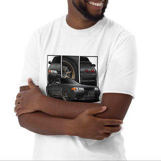 Male model wearing JDM Legends white t-shirt with detailed car graphics inspired by the NIssan GTR R32