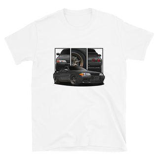 JDM Legends white t-shirt featuring custom car artwork inspired by the Nissan GTR R32