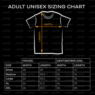Adult Unisex Sizing Chart for t-shirts by M Line Automotive
