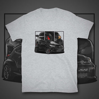 Hot Hatch JDM Legends light grey t-shirt featuring custom car artwork inspired by the Toyota Yaris GR