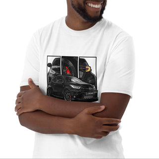 Male model wearing Hot Hatch JDM Legends white t-shirt with detailed car graphics inspired by the Toyota Yaris GR