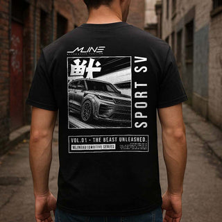 Lifestyle male rear, Black → Male model wearing VOL.01 Beast Unleashed Range Rover Sport SV manga t-shirt in black, back print