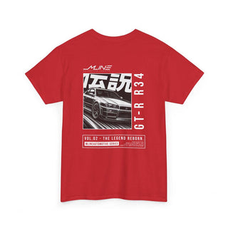 Product rear – Red→ VOL.02 The Legend Reborn Nissan GT-R R34 widebody manga t-shirt back print in white.