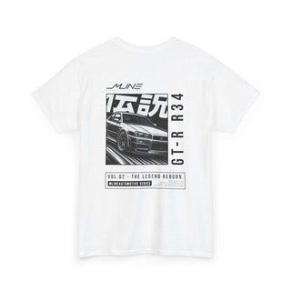 Product rear – White→ VOL.02 The Legend Reborn Nissan GT-R R34 widebody manga t-shirt back print in black.