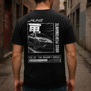 Lifestyle male rear, Black → Male model wearing VOL.03 Dragon’s Wrath Lamborghini Urus manga t-shirt in black, back print