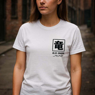 Lifestyle female front, White → Female model wearing VOL.03 Dragon’s Wrath manga automotive fashion t-shirt in white