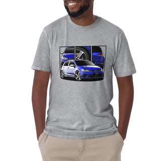 Male model wearing Hot Hatch Legends light grey t-shirt with detailed car graphics inspired by the VW Golf R MK 7