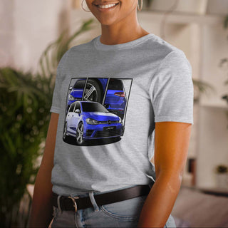 Female model wearing Hot Hatch Legends light grey t-shirt with detailed car graphics inspired by the VW Golf R MK 7