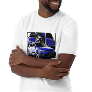 Male model wearing Hot Hatch Legends white t-shirt with detailed car graphics inspired by the VW Golf R MK 7