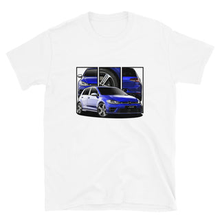 Hot Hatch Legends white t-shirt featuring custom car artwork inspired by the VW Golf R MK 7