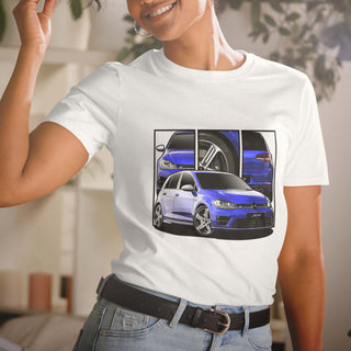 Female model wearing Hot Hatch Legends white t-shirt with detailed car graphics inspired by the VW Golf R MK 7