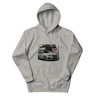 Hot Hatch Legends light grey hoodie featuring custom car artwork inspired by the BMW M140i