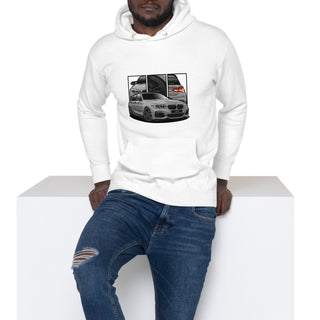 Male model wearing Hot Hatch Legends white hoodie with detailed car graphics inspired by the BMW M140i 