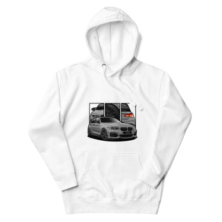 Hot Hatch Legends white hoodie featuring custom car artwork inspired by the BMW M140i