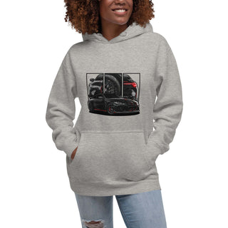 Female model wearing M Sport Coupe  light grey hoodie with detailed car graphics inspired by the BMW M4 CSL G82