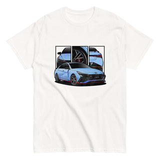 Performance Sedan Legends white t-shirt featuring custom car artwork inspired by the Hyundai Elantra N