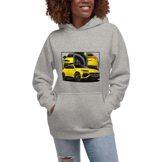 Female model wearing Performance SUV Legends light grey hoodie with detailed car graphics inspired by the Lamborghini Urus 