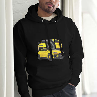 Male model wearing Performance SUV  Legends black hoodie with detailed car graphics inspired by the Lamborghini Urus 