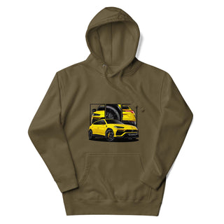 Performance SUV Legends olive hoodie featuring custom car artwork inspired by the Lamborghini Urus 