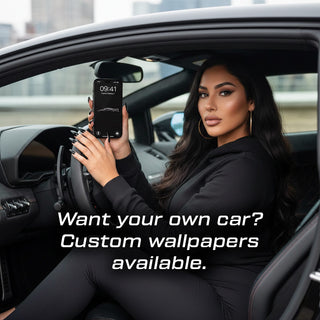 Latina woman in a supercar interior holding a smartphone showing a minimal car silhouette lockscreen wallpaper with “Custom wallpapers available” text.