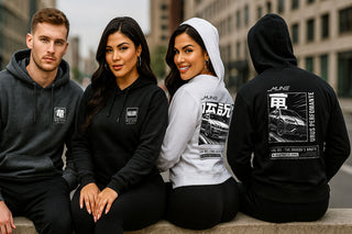 M Line Automotive Manga Series hoodies Vol. 01–03 streetwear collection photo – mixed models black white grey hoodies front and back designs