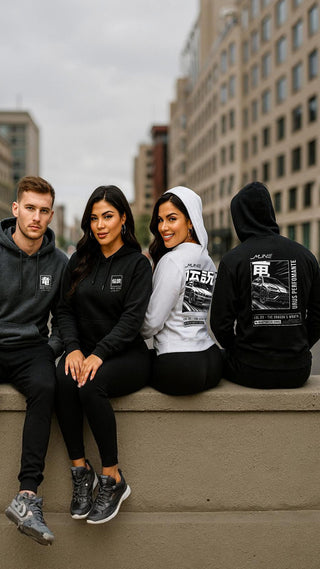 M Line Automotive Manga Series hoodies Vol. 01–03 streetwear collection photo – mixed models black white grey hoodies front and back designs - mobile