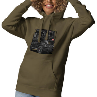 Female model wearing Luxury SUV Legends olive hoodie with detailed car graphics inspired by the Mercedes G Wagon G63 AMG  