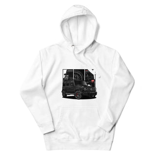Luxury SUV Legends white hoodie featuring custom car artwork inspired by the Mercedes G Wagon G63 AMG 